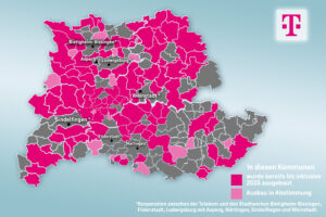 Karte der Gigabit Region Stuttgart mit farblicher Darstellung des Glasfaserausbaus der Telekom: Magenta markiert Kommunen mit abgeschlossenem Ausbau bis 2025, helles Rosa zeigt Gebiete mit Ausbau in Abstimmung, Grau noch nicht ausgebaute Kommunen.